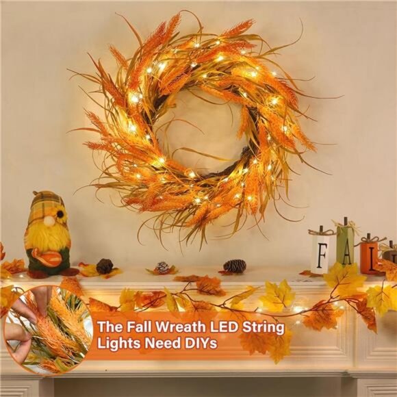 20 Inch 20 LED Thick Fall Wreaths for Front Door Fall Decor Fall Leafed Wheats - Picture 6 of 7